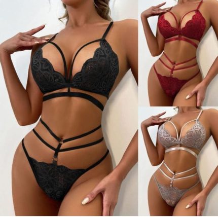 Lady 2-piece Lace Lingerie set with sexy waist and chest straps
